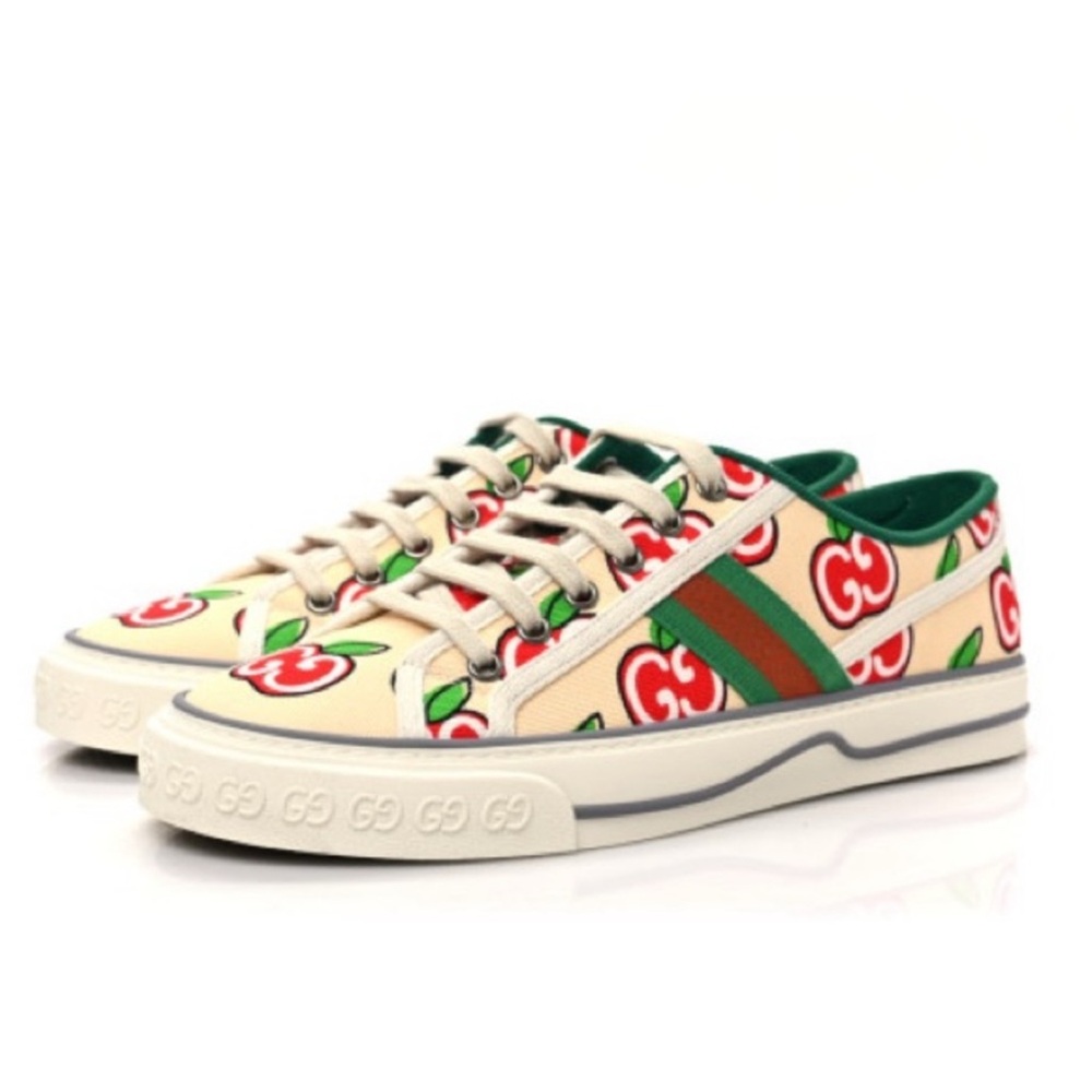 New GUCCI GG Canvas Web Apple Womens 1977 Tennis Sneakers 37.5 Ivory